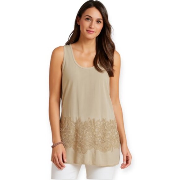 Soft Surroundings Tops - Soft Surroundings Medium Emmaline Beige Embroidered Beaded Tunic Tank NWT